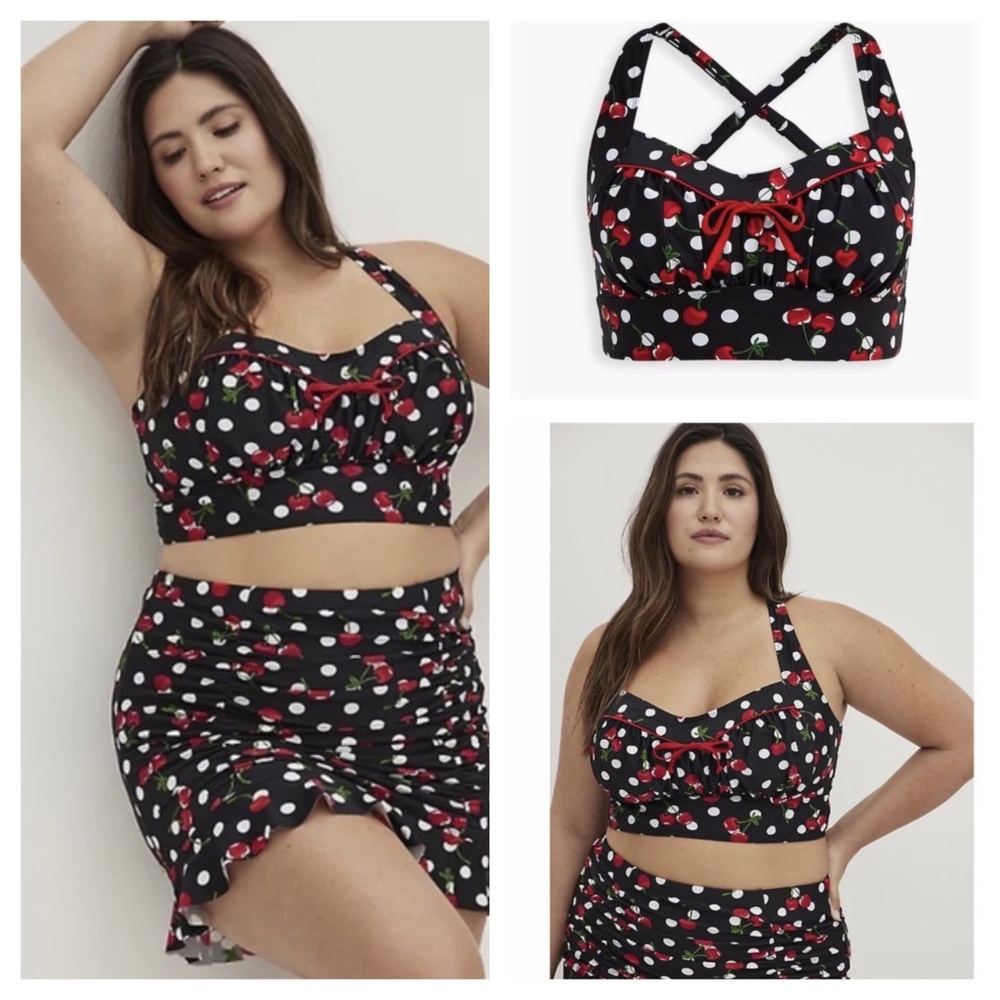 Torrid Retro Wireless Ruched Cups Bikini Top Cherries Polka dots 3 3X Lk New